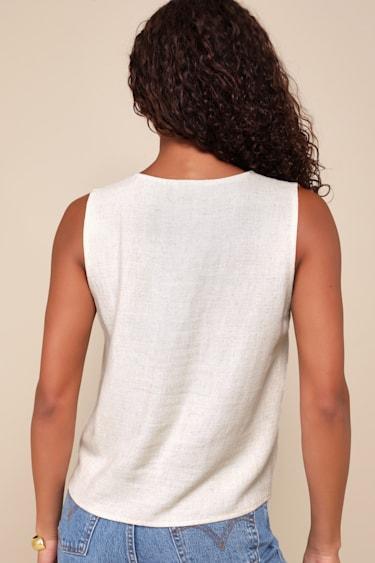 Casually Sophisticated Beige Linen Sleeveless Button-Front Top Product Image