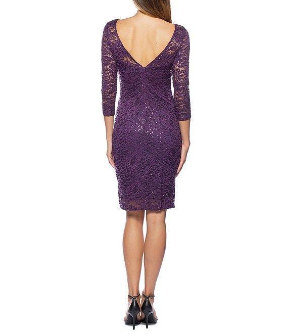 Marina Round Neck Ruched Side Sequin Lace 3/4 Sleeve Sheath Dress Product Image