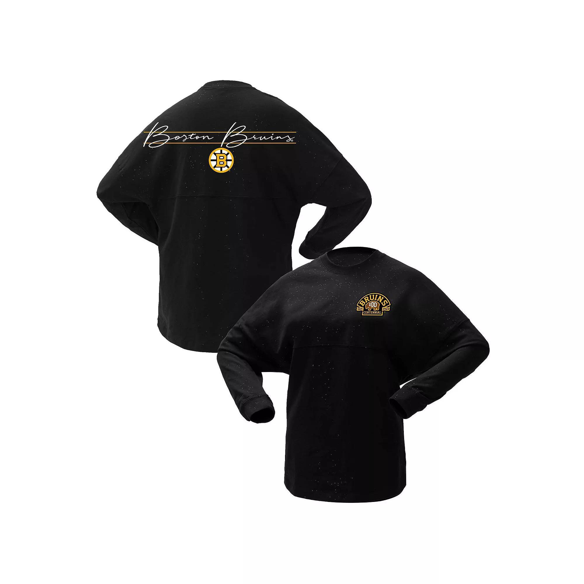 Women's Fanatics Branded Black Boston Bruins 100th Anniversary Sparkle Spirit Jersey T-Shirt, Size: Large Product Image