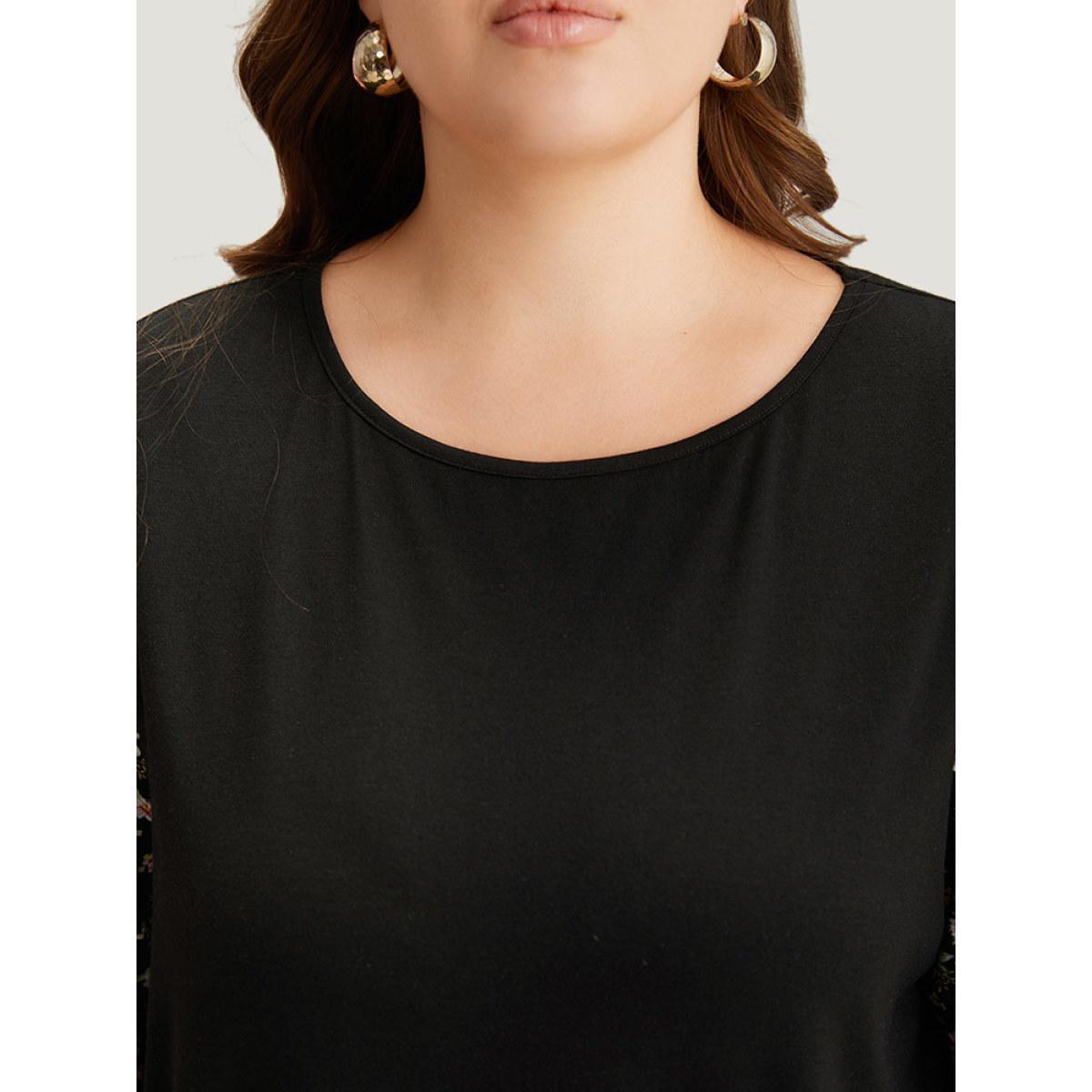 Plus Size Crew Neck Patchwork Ditsy Floral T-shirt Black Women Elegant Elastic cuffs Ditsy Floral Round Neck Dailywear T-shirts BloomChic 22-24/3X Product Image