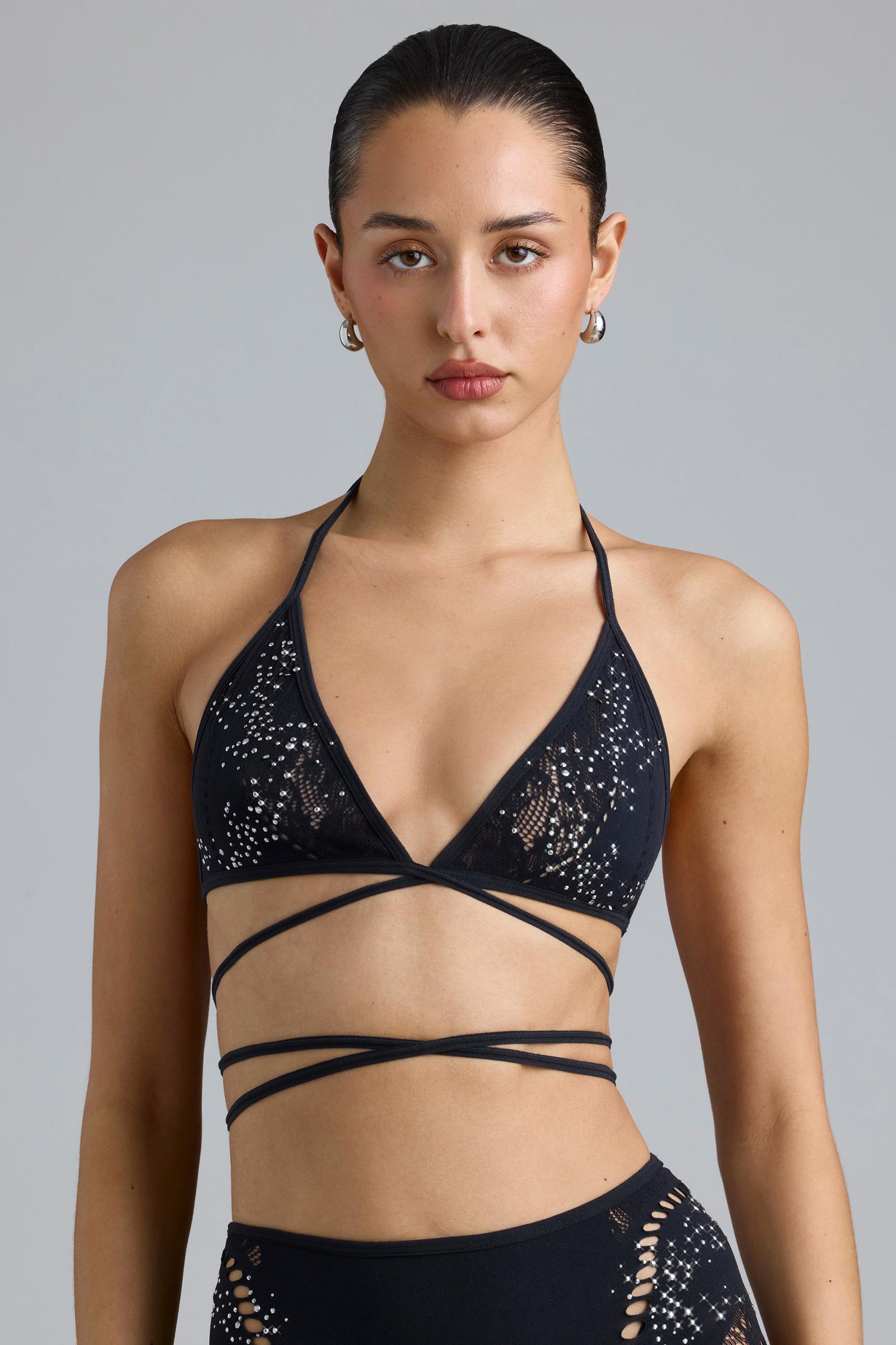 Embellished Cross-Strap Bikini Top in Black Female Product Image