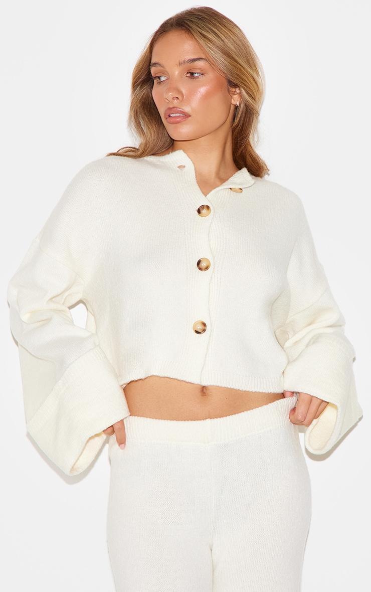 Cream Turn Up Sleeve Knit Cardigan Product Image