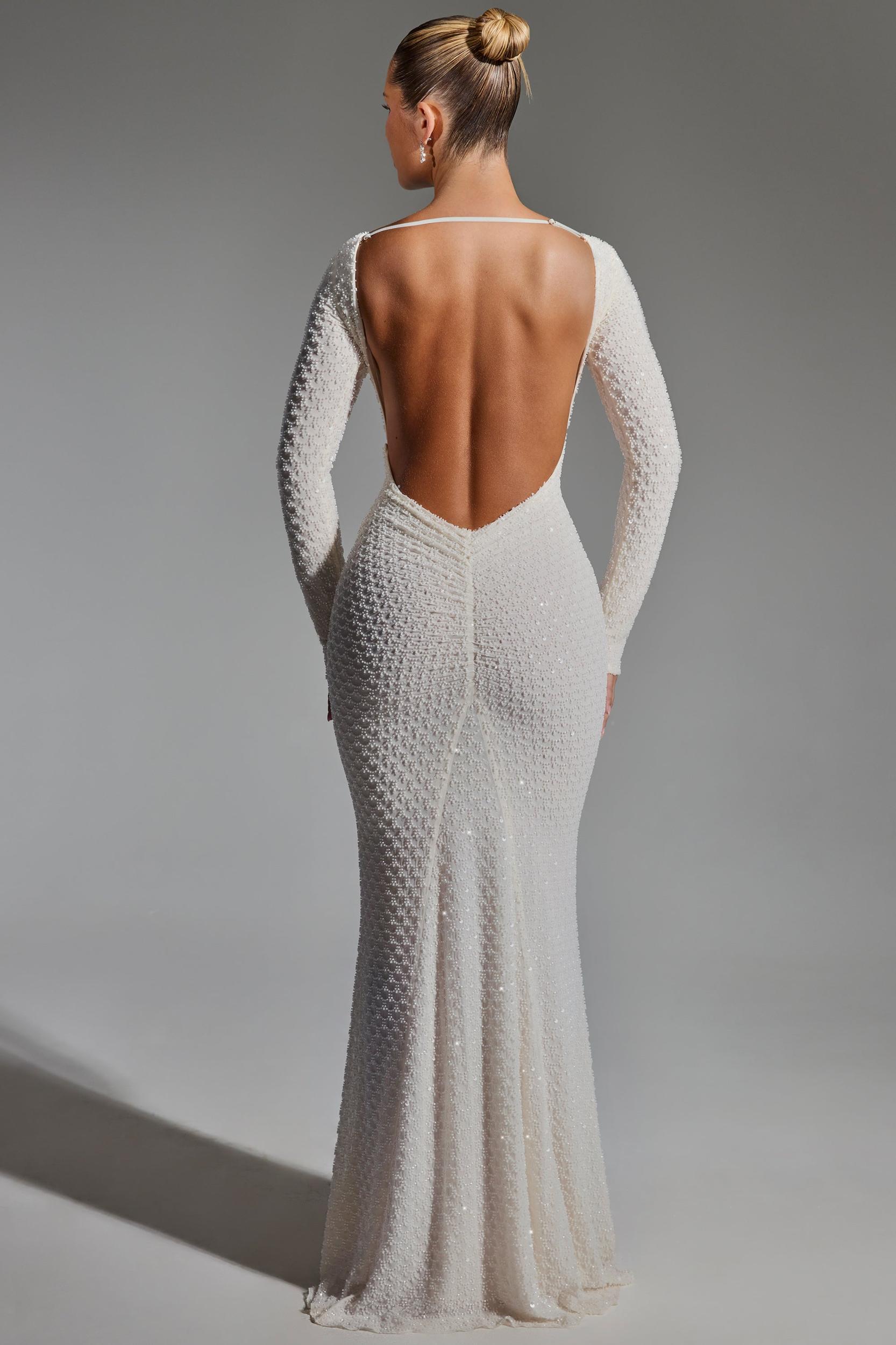 Embellished Open-Back Gown in White Product Image
