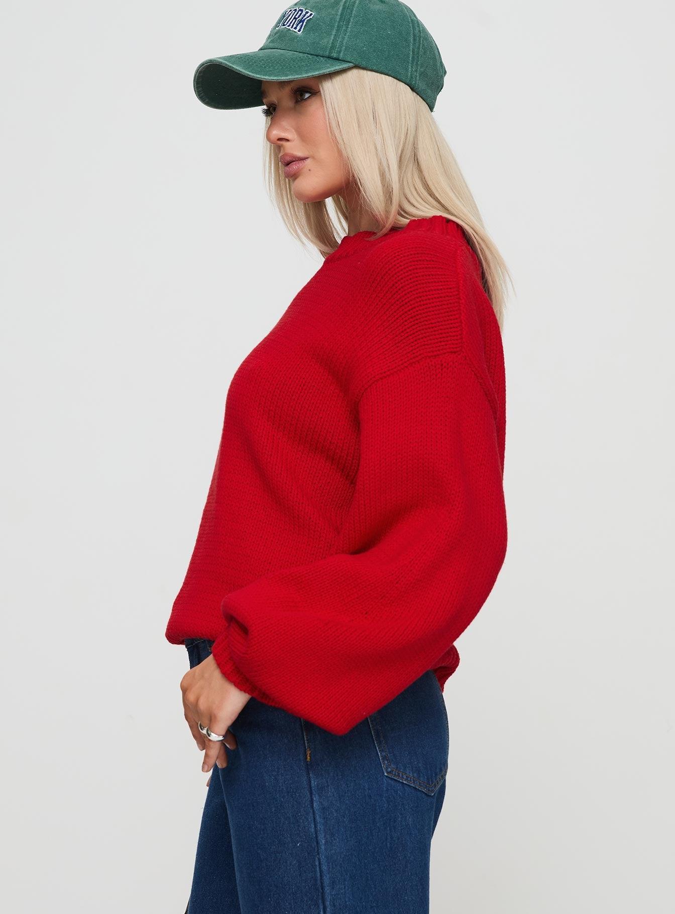 Harmony Balloon Sleeve Knit Sweater Red Product Image