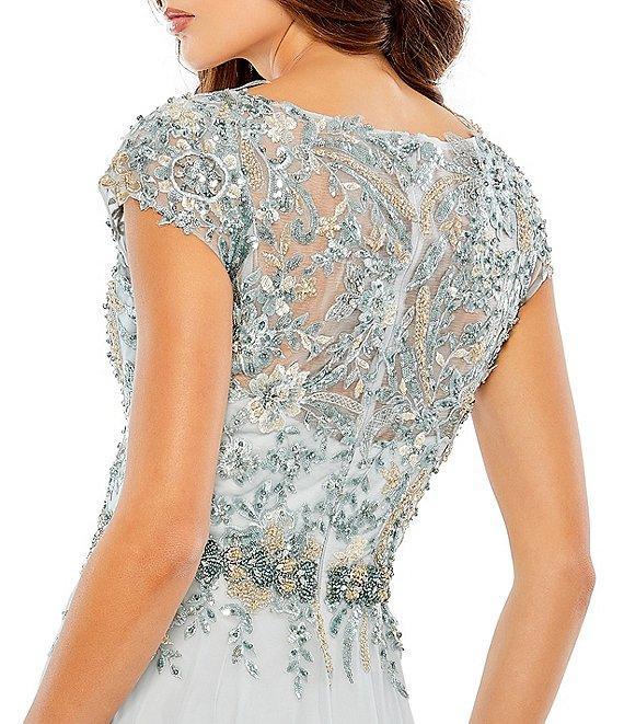 Mac Duggal Beaded V-Neck Cap Sleeve A-Line Gown Product Image