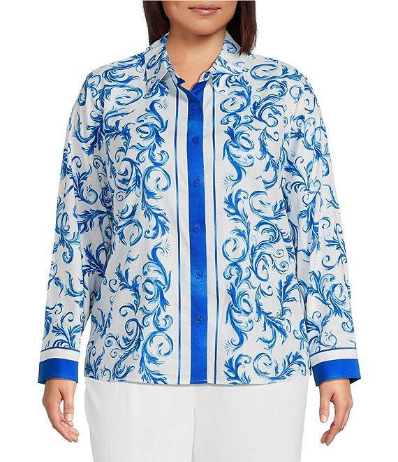 Investments Plus Size Woven Blue Lolite Status Border Long Sleeve Point Collar Button Front Top Product Image
