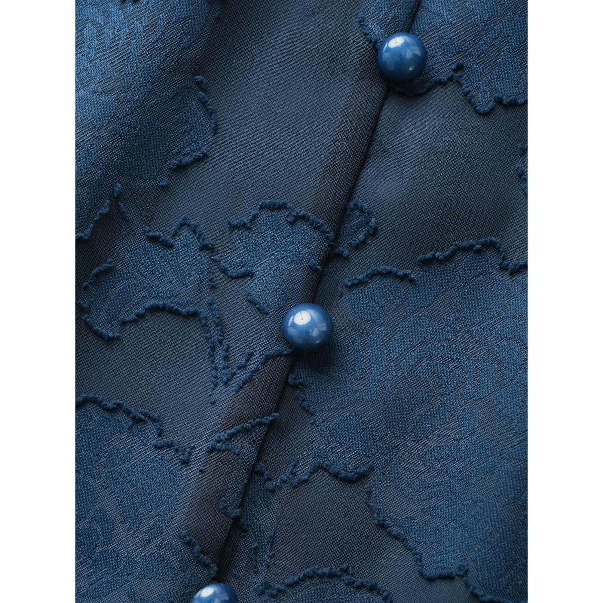 Plus Size Textured Mesh Puff Sleeve Button Detail Dress DarkBlue Women Elegant Texture V-neck Short sleeve Curvy BloomChic 14-16/1X Product Image