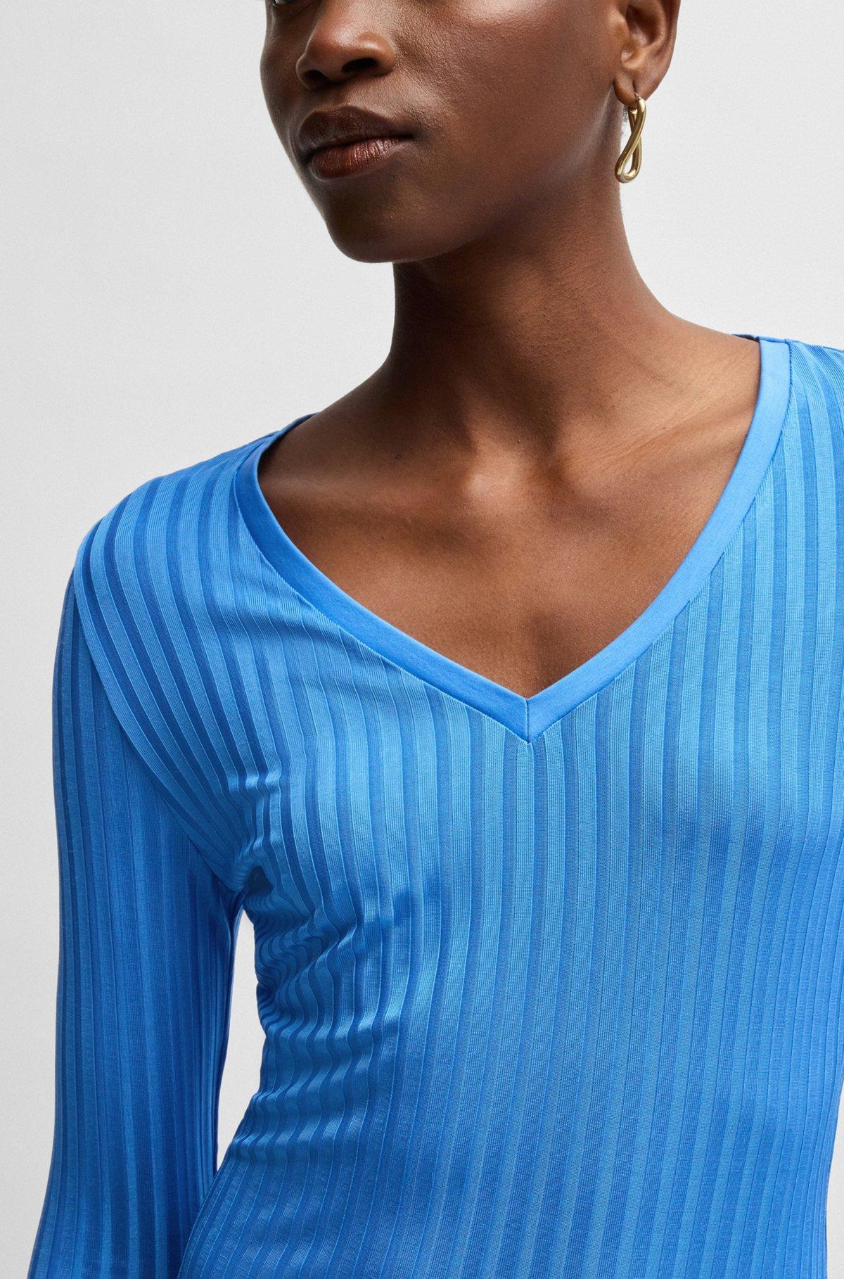 Long-sleeved V-neck top in lustrous ribbed jersey Product Image