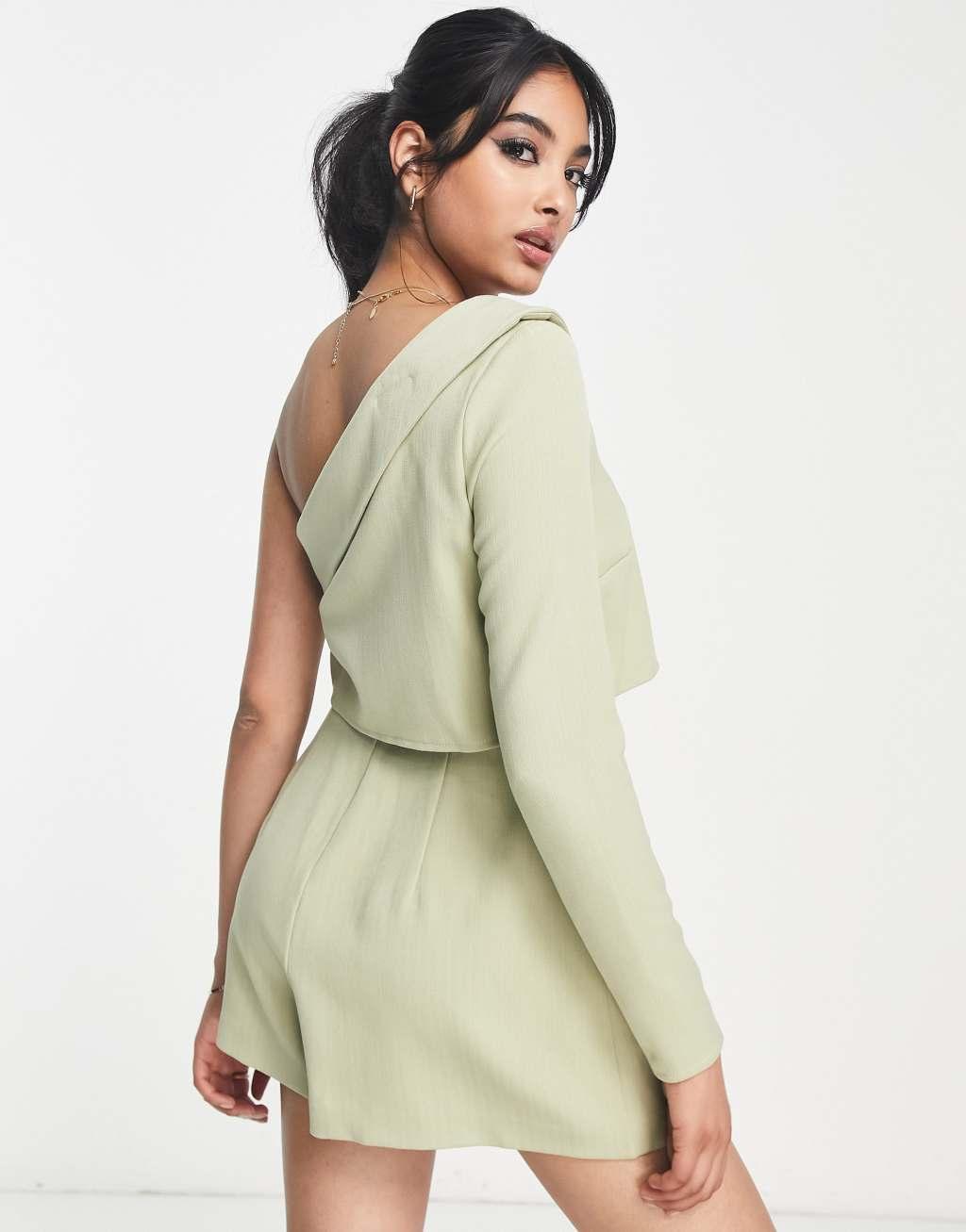 ASOS DESIGN one shoulder tailored romper in sage Product Image