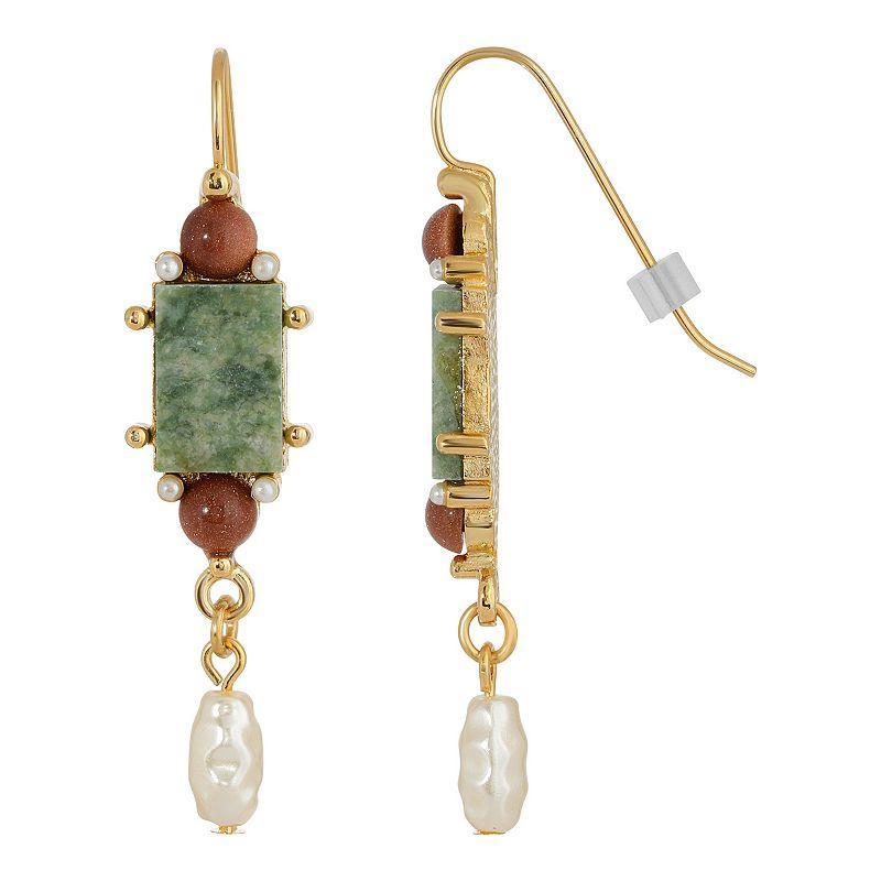 1928 Gold Tone Stone & Simulated Pearl Linear Drop Earrings, Women's, Green Product Image