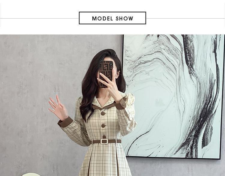 Long-Sleeve Collared Plaid Midi A-Line Dress Product Image