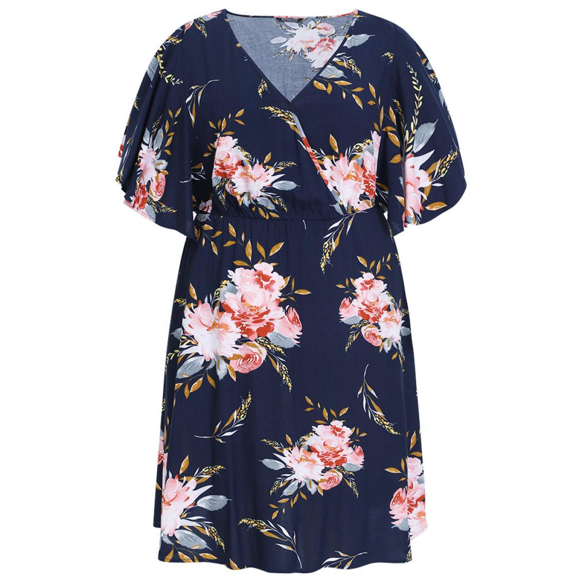 Plus Size Floral Print Surplice Neck Pocket Ruffle Sleeve Dress DarkBlue Women Elegant Gathered V-neck Half Sleeve Curvy Knee Dress BloomChic 30/6X Product Image