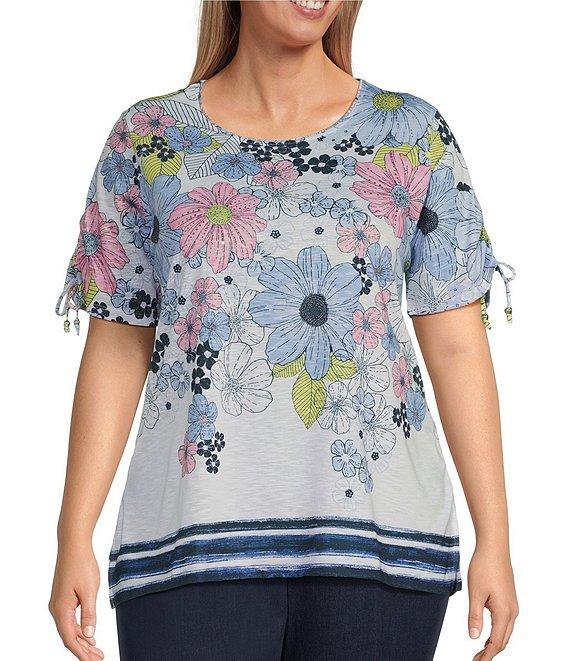 Allison Daley Plus Size Daisy Cascade Border Print Short Ruched Tie Sleeve Crew Neck Knit Top Product Image