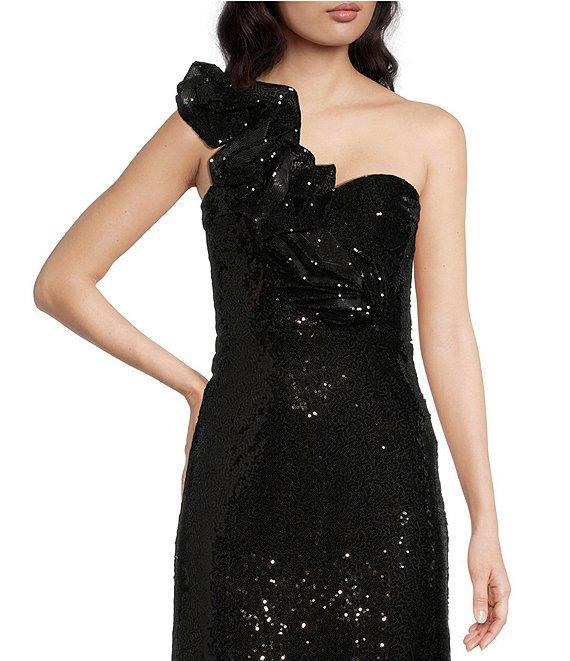 Mac Duggal Sequin Ruffle One Shoulder Sleeveless Gown Product Image