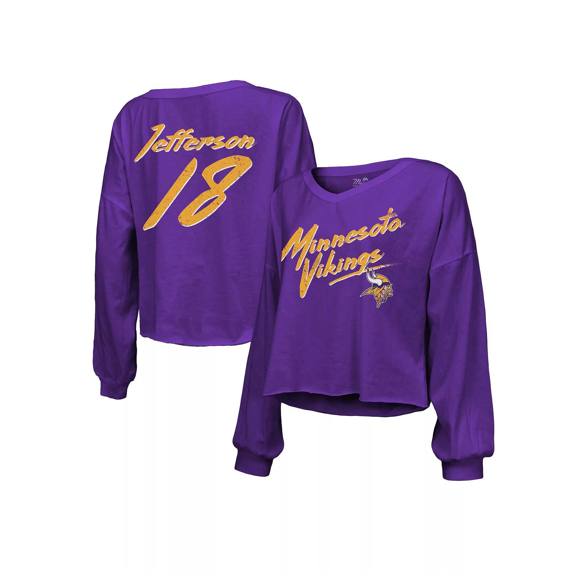 Women's Majestic Threads Justin Jefferson Purple Minnesota Vikings Name & Number Off-Shoulder Script Cropped Long Sleeve V-Neck T-Shirt,  Product Image