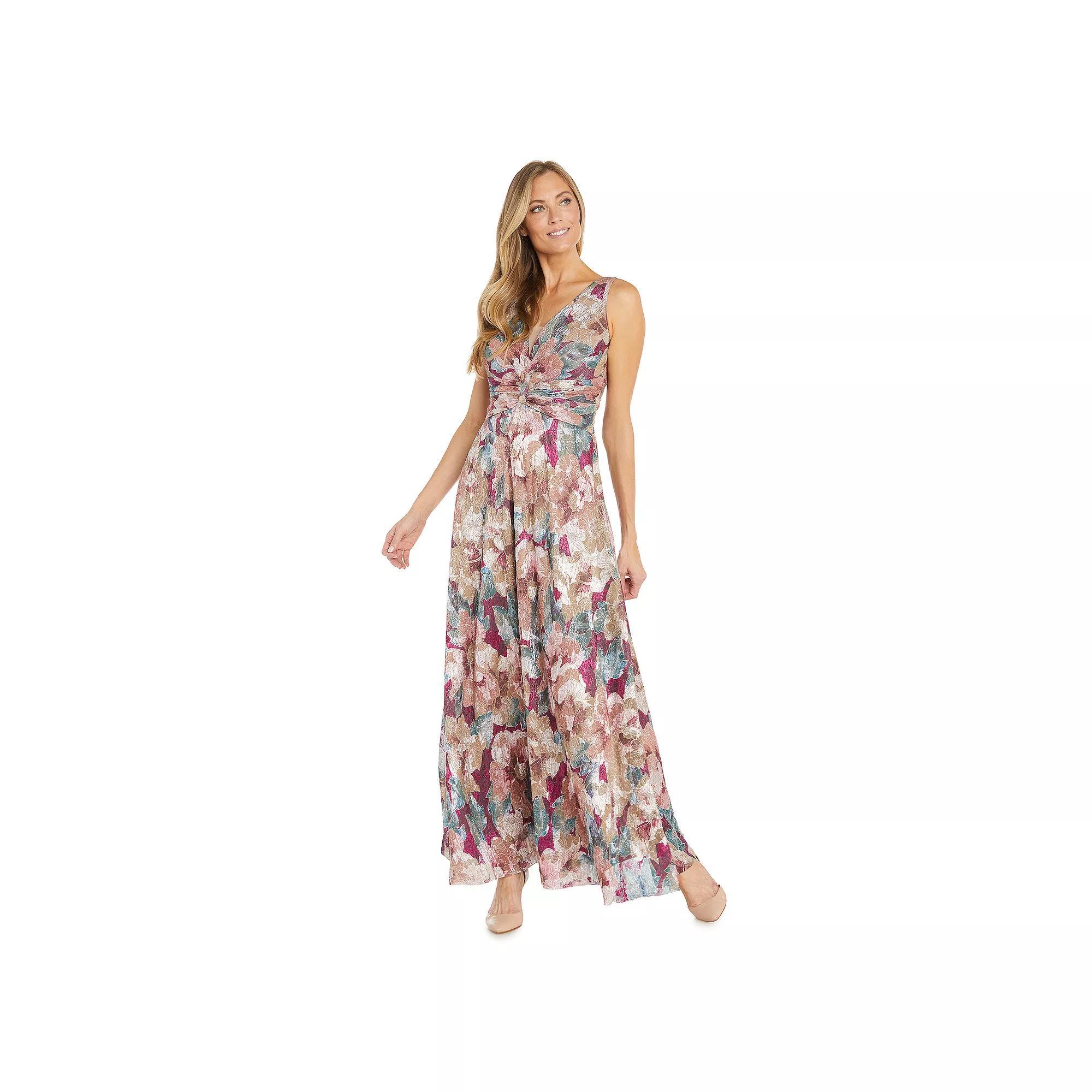 Women's R&M Richards Metallic Floral Print Ruched Waist V-Neck Maxi Dress, Size: 6, Pink Product Image