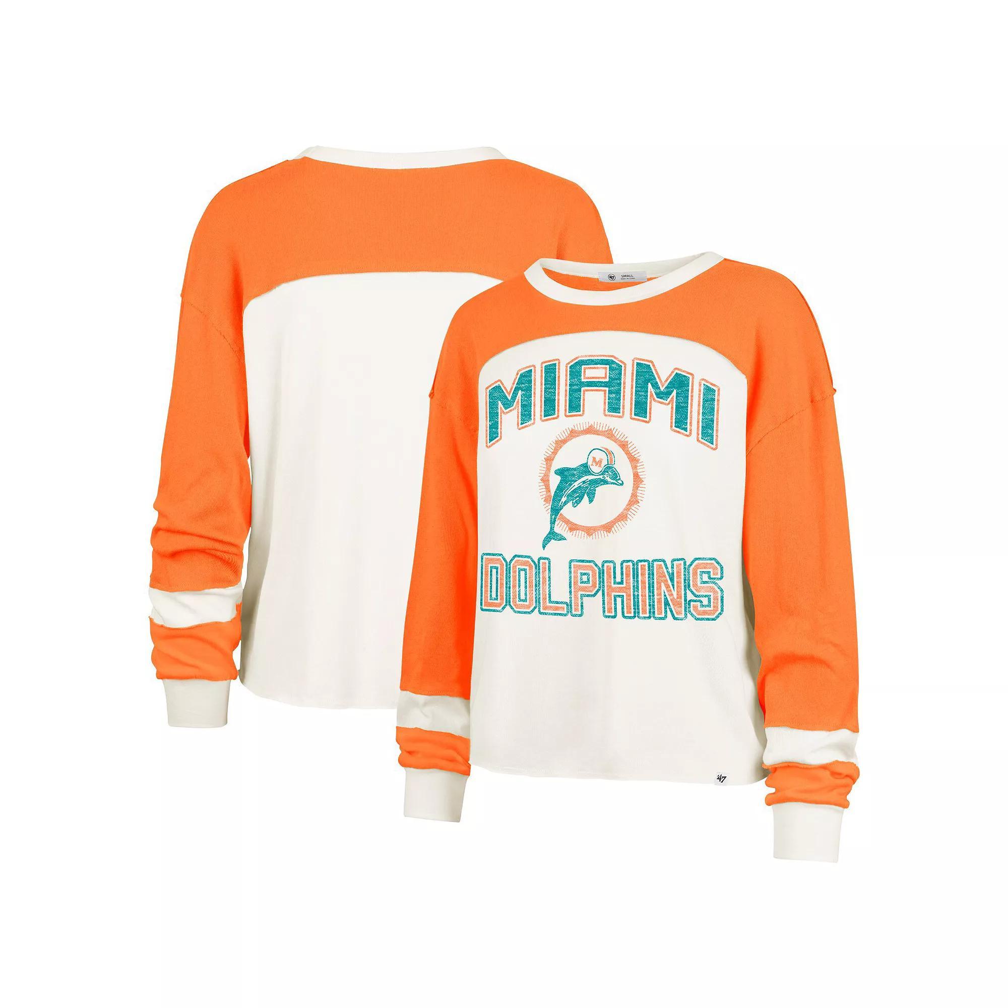 Women's '47 Cream Miami Dolphins Double Header Curve Raglan Long Sleeve Crop Top, Size: Large, Beige Product Image
