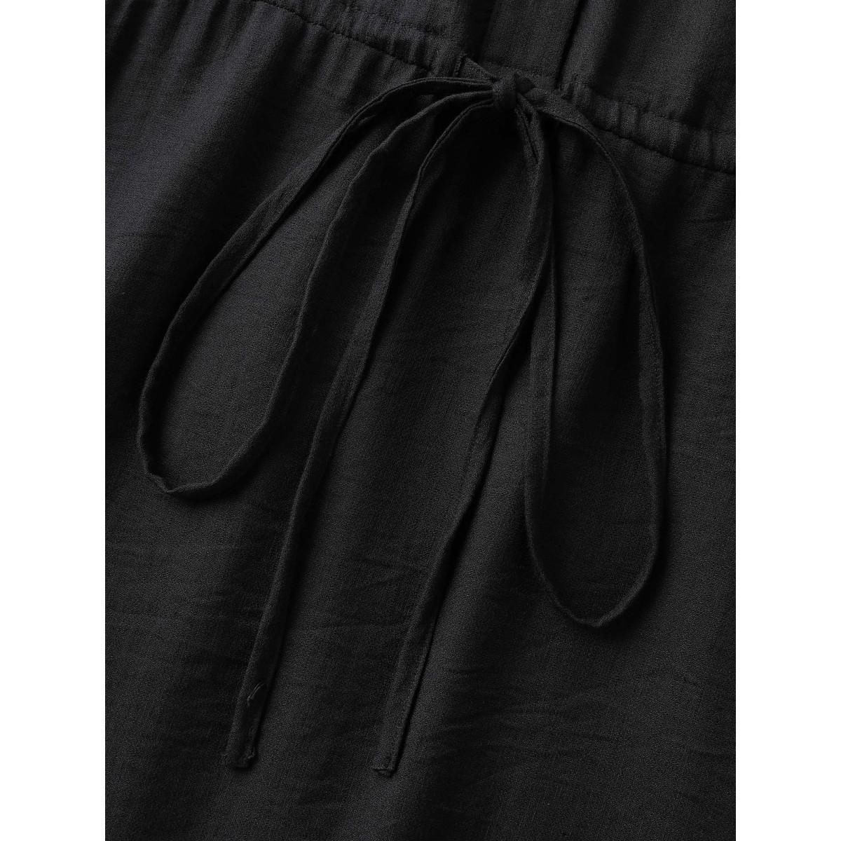 Plus Size Button Placket Waist-Tie Midi Dress Black Women Office Notched collar Short sleeve Curvy BloomChic 14-16/1X Product Image