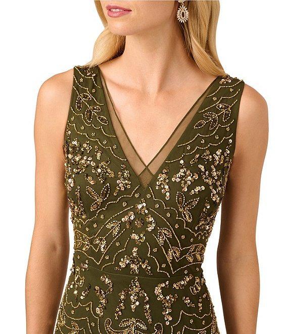 Adrianna Papell Beaded V-Neck Sleeveless Midi Dress Product Image