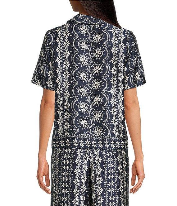 CeCe Woven Notch Collar Short Sleeve Button Front Camp Coordinating Shirt Product Image