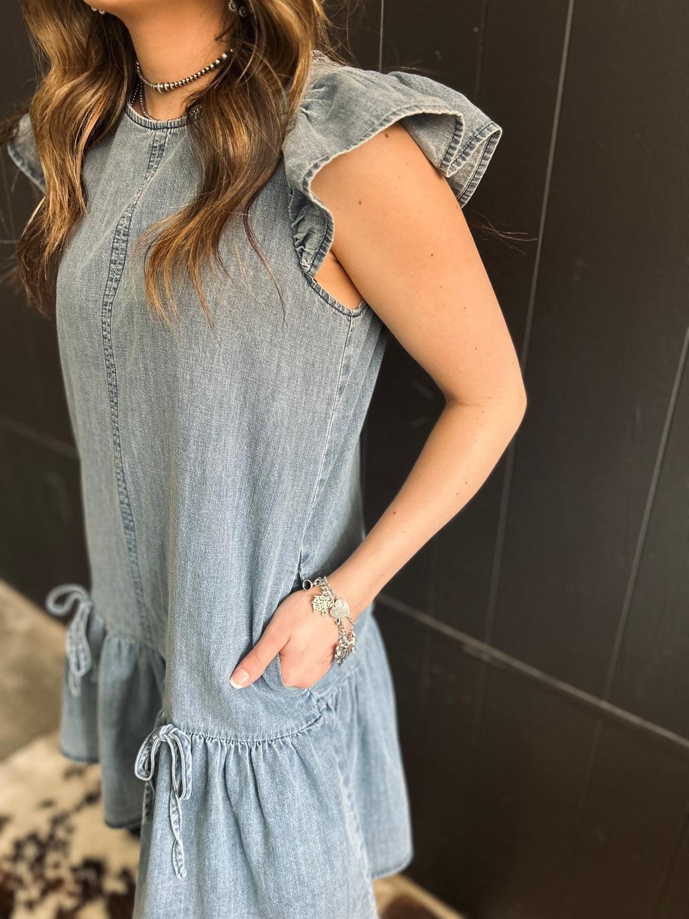 Ruffled Sleeve Washed Denim Mini Dress w/ Bow Detail Product Image