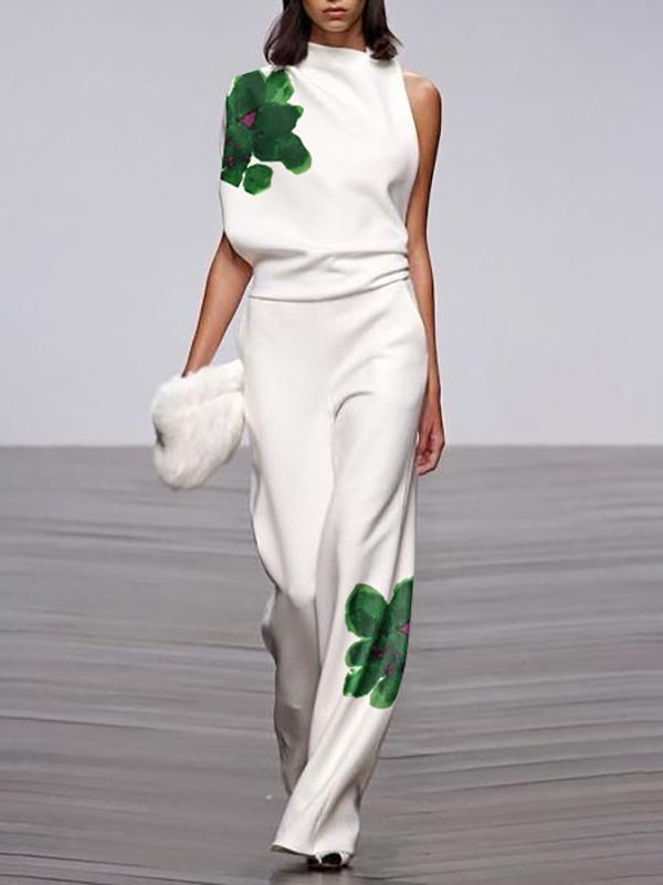 Loose Sleeveless Asymmetric Flower Print Mock Neck Vest Top Product Image