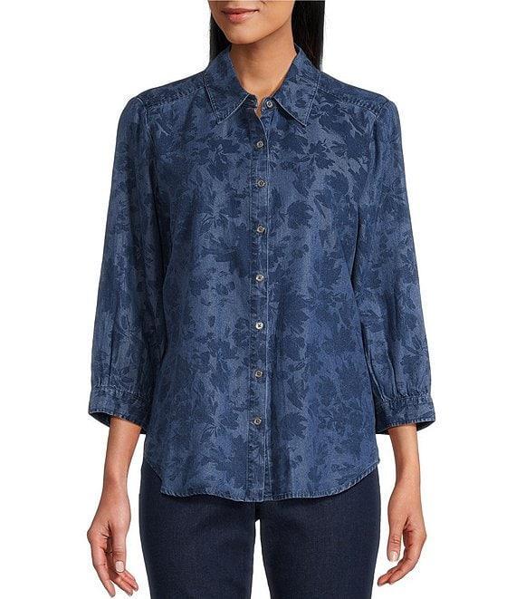 Allison Daley Fresh Floral Print 3/4 Sleeve Point Collar Button Front Lyocell Blouse Product Image