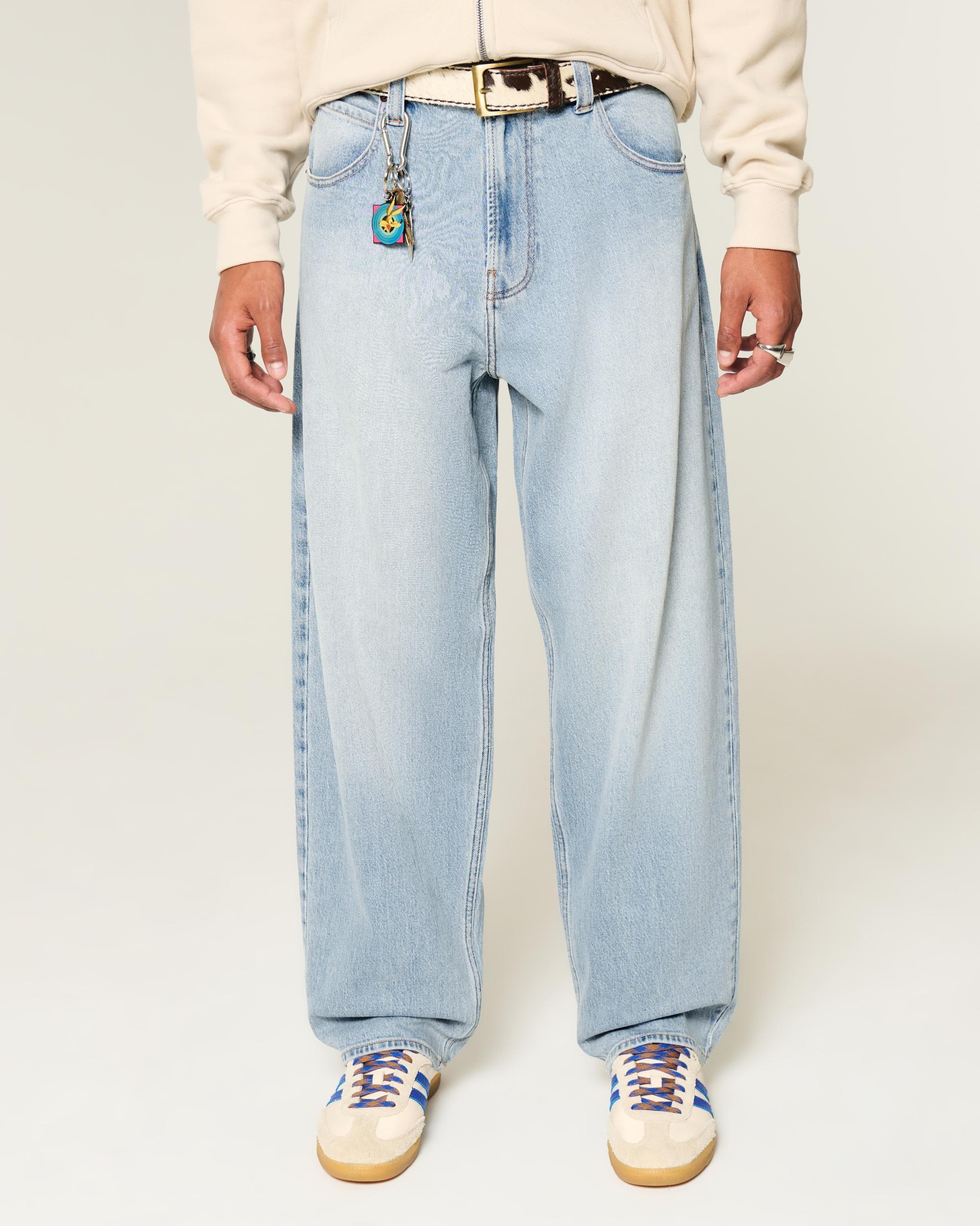 Embroidered Light Wash Skater Baggy Jeans Product Image