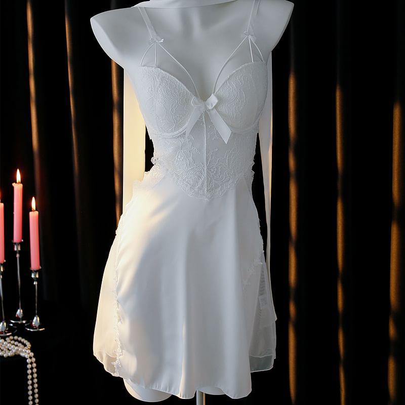 Spaghetti Strap Lace Panel Bow Accent Padded Nightdress / Pajama Robe / Set Product Image