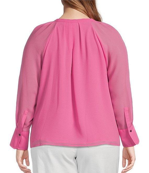 CeCe Plus Size Woven V-Neck Long Sleeve Tie Front Blouse Product Image