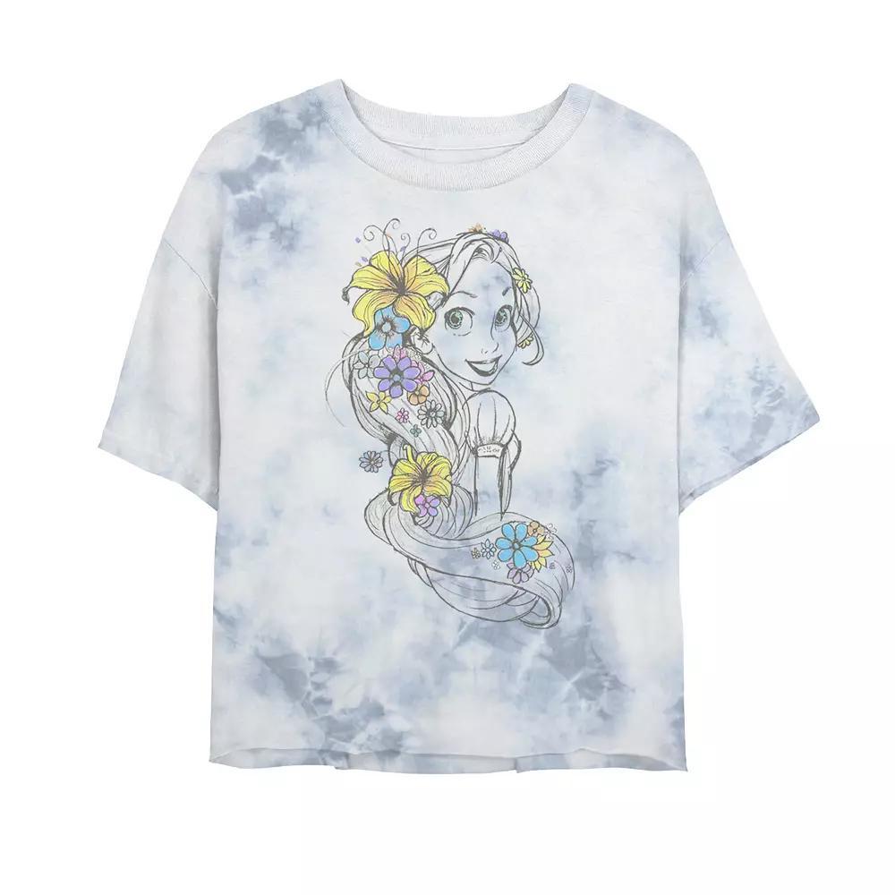 Juniors' Disney Princess Tangled Rapunzel Floral Pencil Sketch Bombard Wash Crop Graphic Tee, Women's, Size: Small, White Blue Product Image