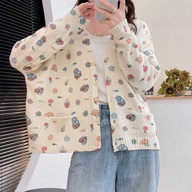 V-Neck Floral Print Button-Up Cardigan Product Image