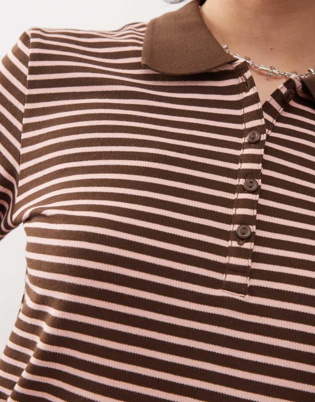 Monki long sleeved pique polo in pink and brown stripe  Product Image