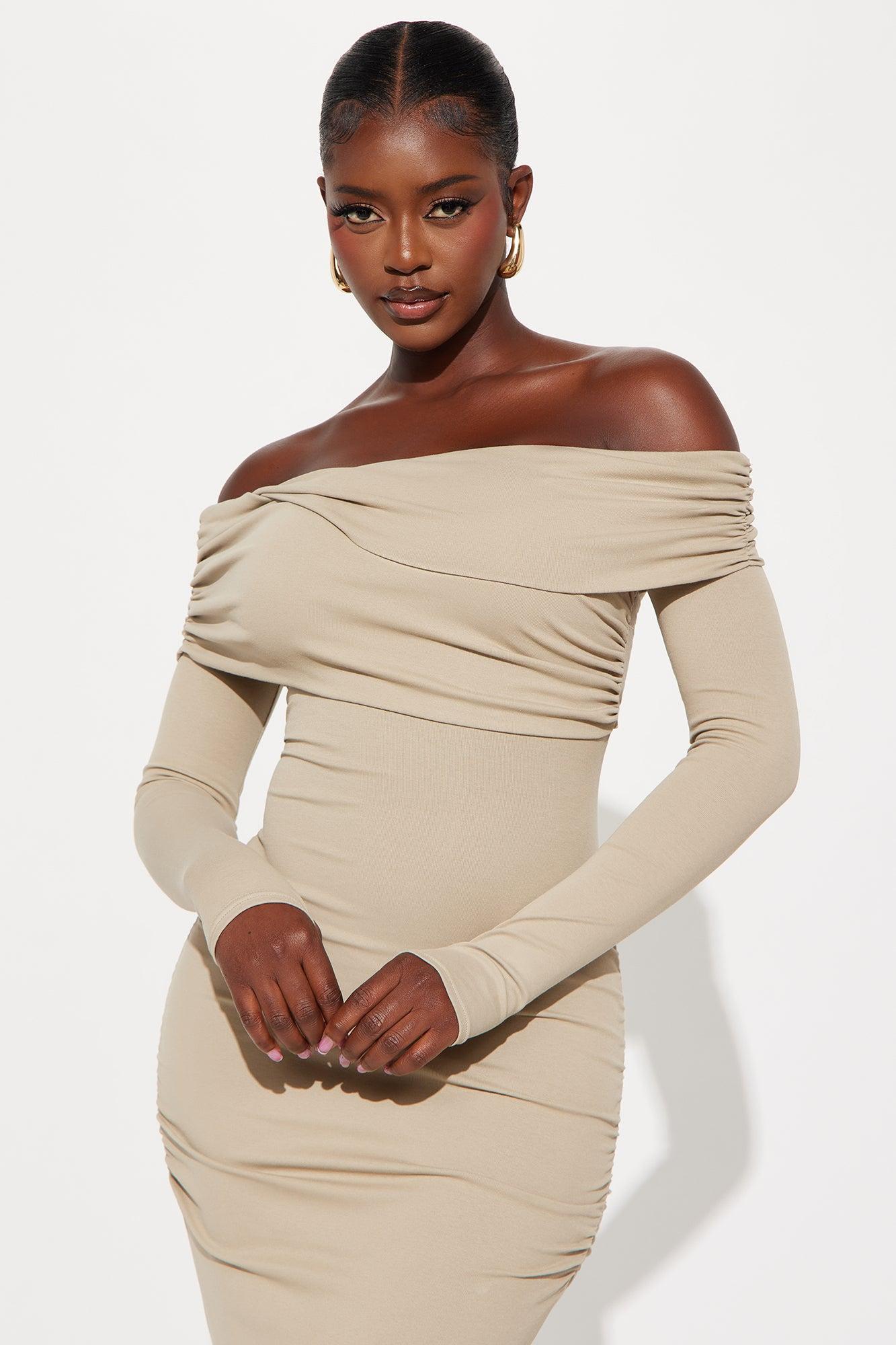 Turn Heads Off Shoulder Ruched Midi Dress - Taupe Product Image