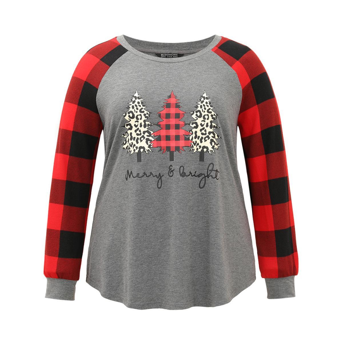 Plus Size Plaid Christmas Trees Round Neck T-shirt Gray Women Casual Contrast Christmas Festival-Christmas T-shirts BloomChic 22-24/3X Product Image