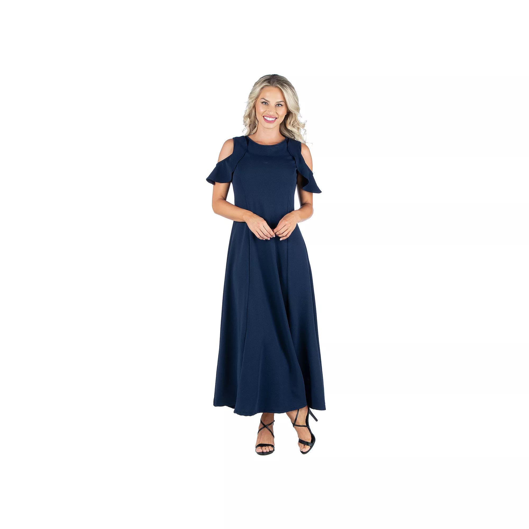 Women's 24seven Comfort Apparel Ruffled Cold Shoulder A-Line Maxi Dress,  Product Image