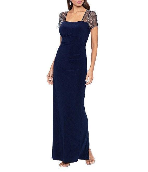 Betsy & Adam Square Neck Short Beaded Sleeve Open Back Gown Product Image
