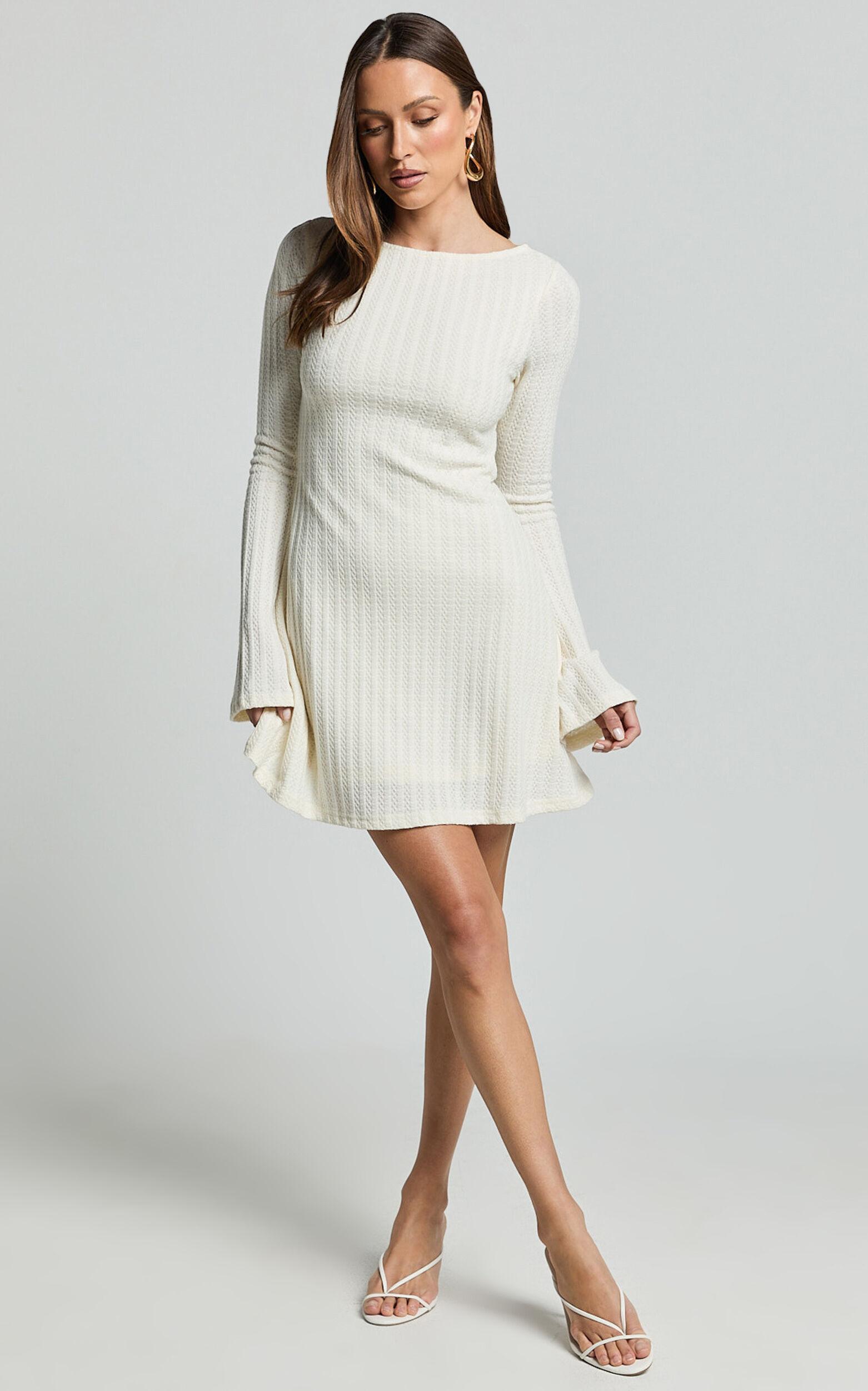 Melissa Mini Dress - Flared Long Sleeve A Line Dress in Off White Product Image