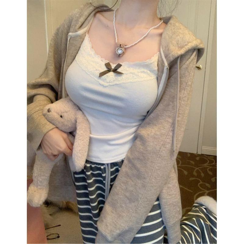 Plain Zip-Up Hoodie / V-Neck Lace Panel Bow Accent Crop Camisole Top / Drawstring Waist Striped Wide Leg Pants Product Image