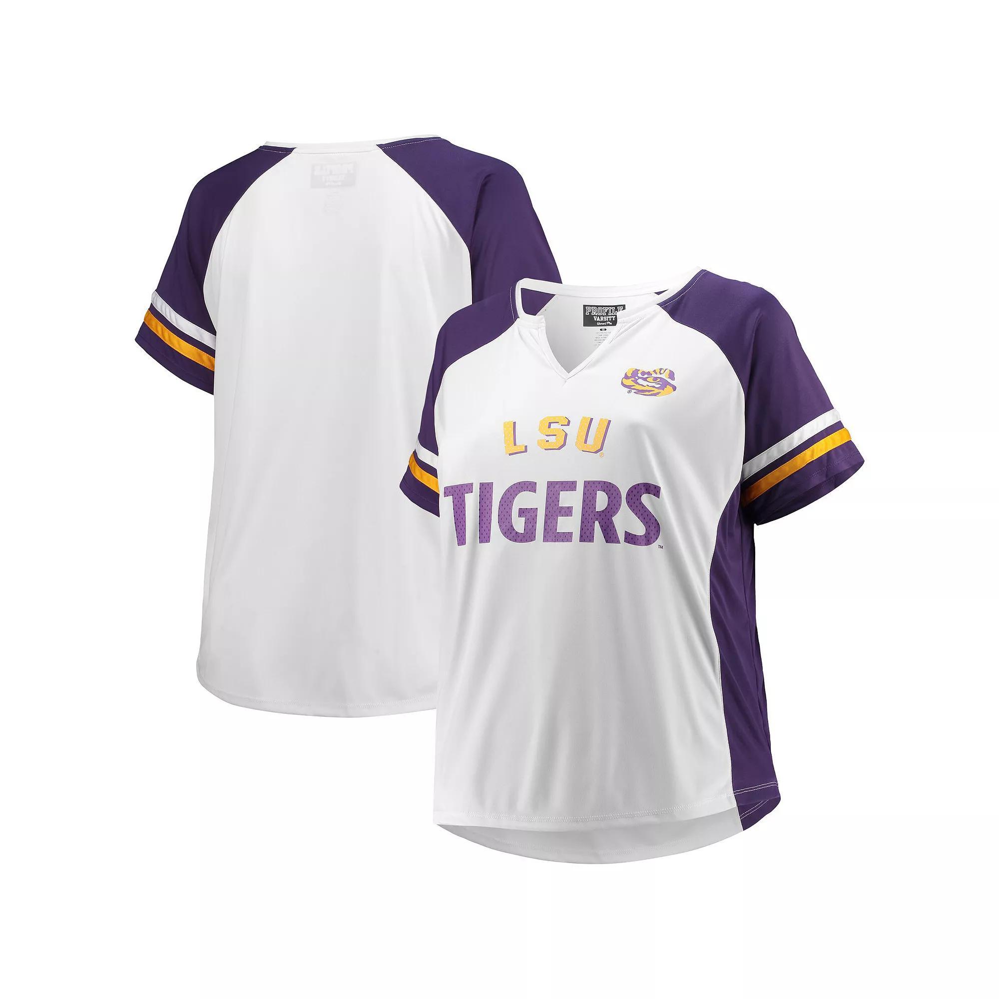 Women's White LSU Tigers Plus Size Stripe Raglan Notch Neck T-Shirt, Size: 3XL Product Image