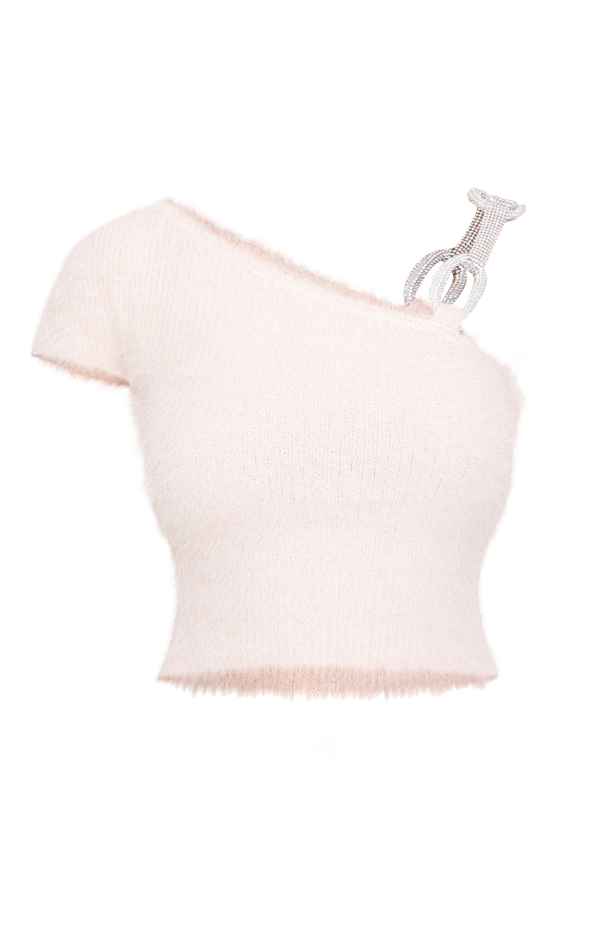 Cream Eyelash Knit Silver Chain Trim Asymmetric Top Product Image