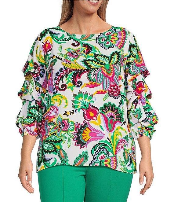 Slim Factor By Investments Plus Size Kara Exploded Jacobean Printed Boat Neck 3/4 Tiered Sleeve Top Product Image