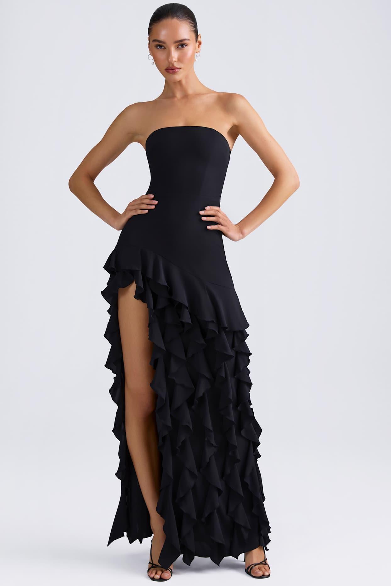 Ruffle-Trim Strapless Gown in Black Product Image
