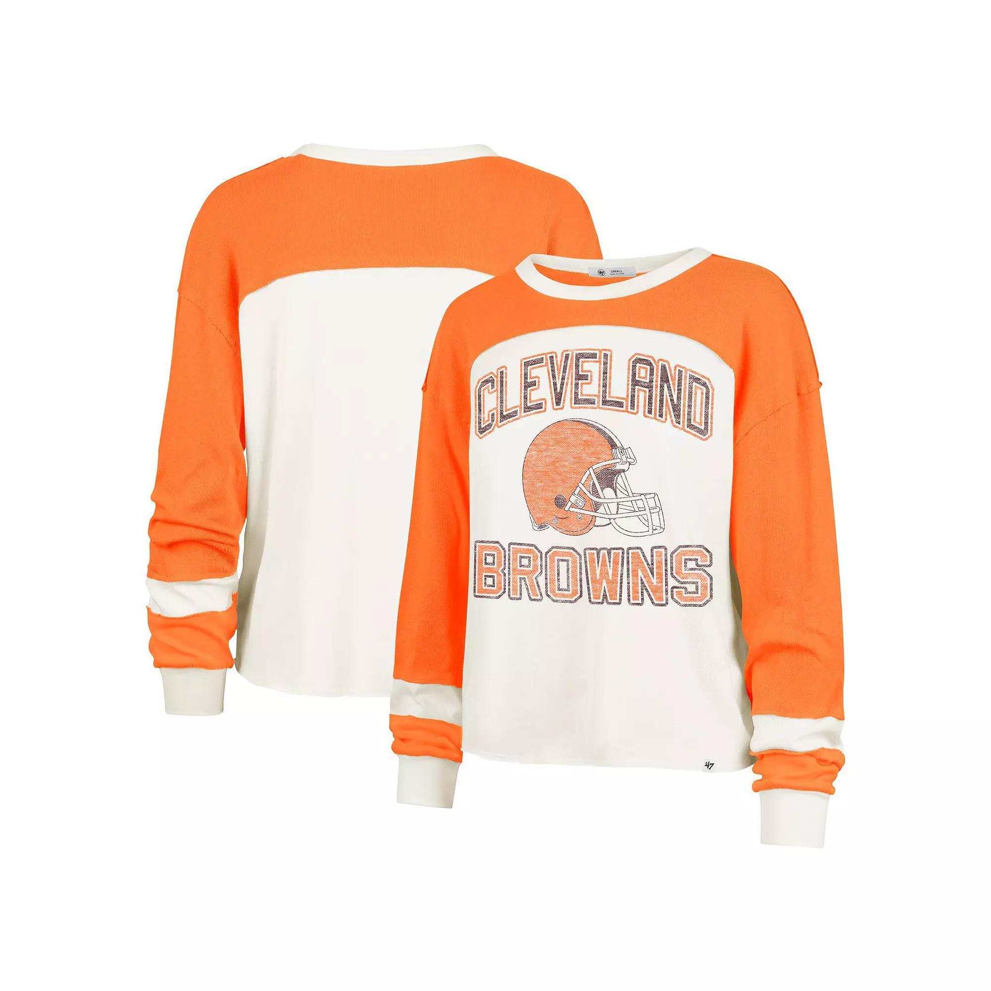 Women's '47 Cream Cleveland Browns Double Header Curve Raglan Long Sleeve Crop Top, Size: XL, Beige Product Image
