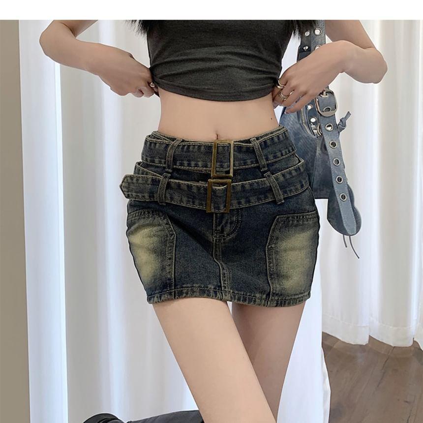 High Rise Washed Denim Pencil Mini Skirt Product Image