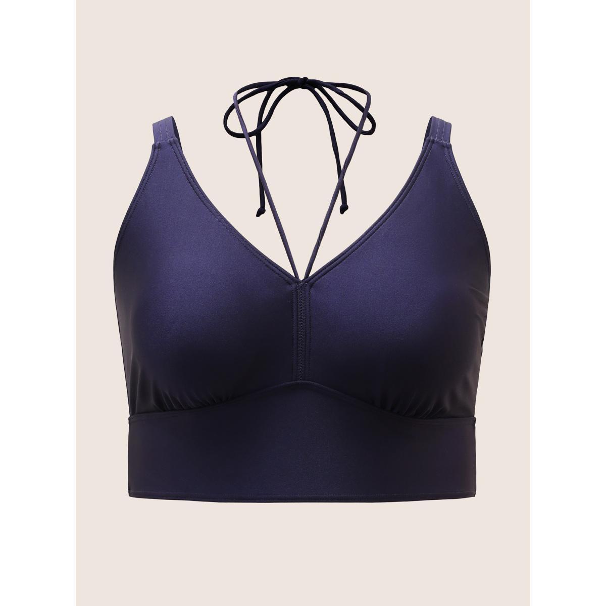 Plus Size Solid V Neck Tie Knot Adjustable Straps Swim Top Women's Swimwear Indigo Beach Tie knot High stretch Skinny V-neck Curve Swim Tops BloomChic 10/M Product Image