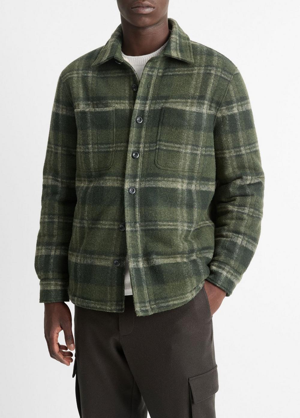 Mens Sherpa-Lined Plaid Shirt Jacket, Night Moss Combo, Size M Vince Product Image