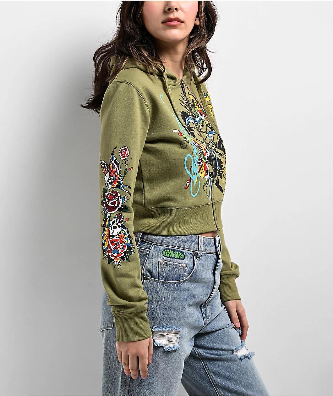 Ed Hardy Butterflies Y2K Olive Crop Zip Hoodie Product Image
