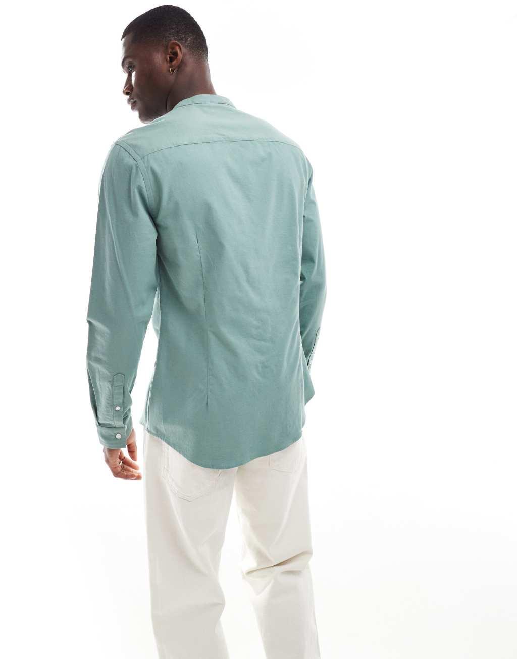 ASOS DESIGN slim oxford shirt with grandad collar in sage green Product Image