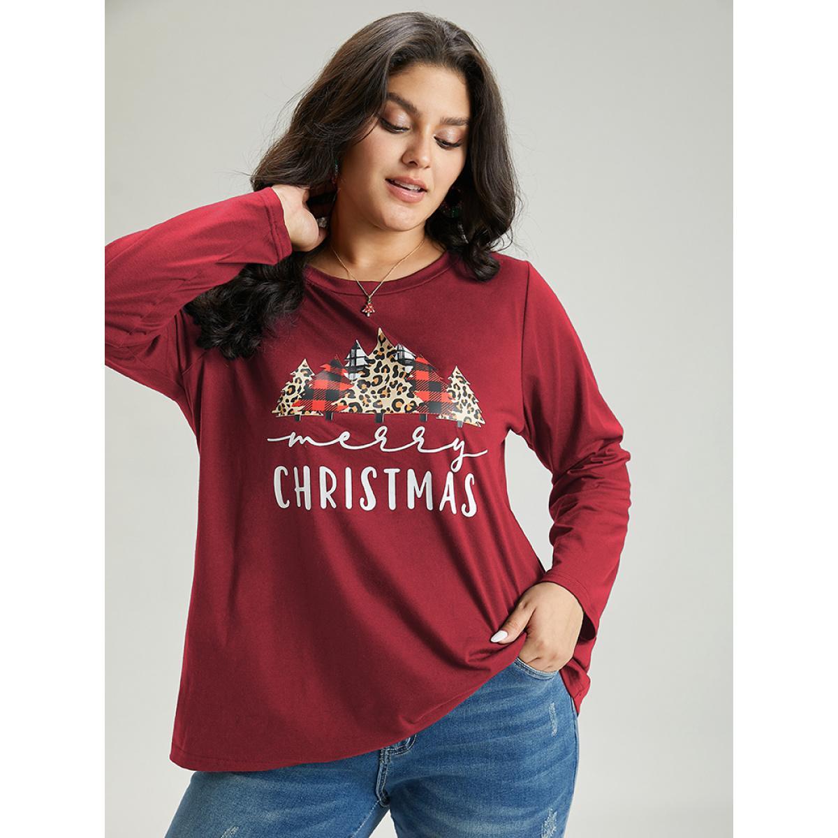 Plus Size Christmas Trees Letter Print Round Neck T-shirt Raspberry Women Casual Printed Christmas Festival-Christmas T-shirts BloomChic 18-20/2X Product Image